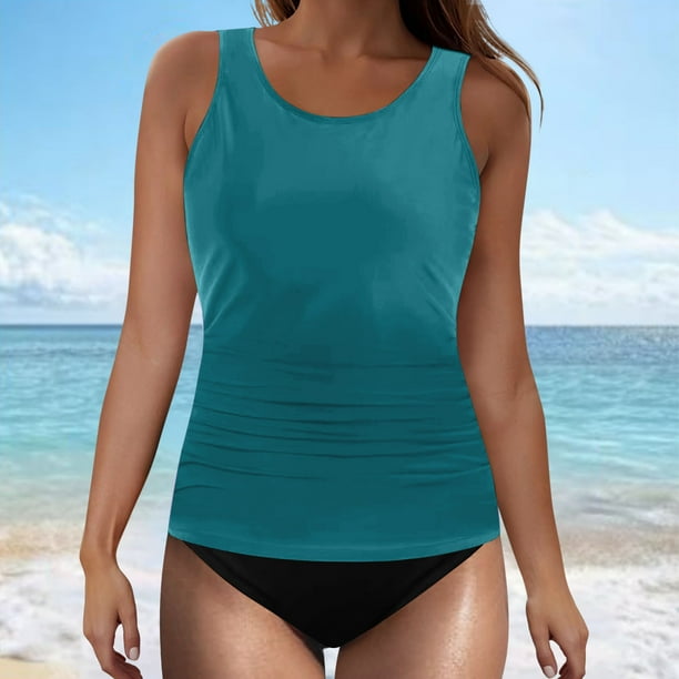 Traje de baño de bikini liso sin mangas para mujer, traje de baño push-up acolchado, conjuntos de blusa de traje de baño de poliéster para mujer