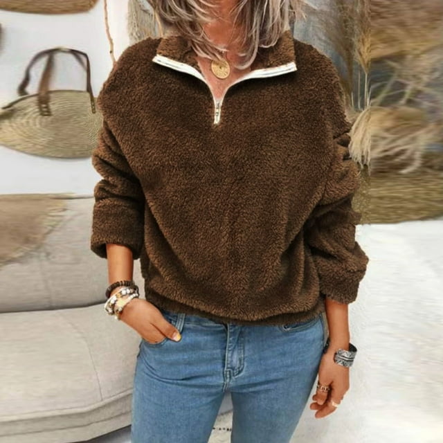 Womens Winter Solid Color Semi-Open Collar Zipper Pullover Plush Loose Casual Hoodie