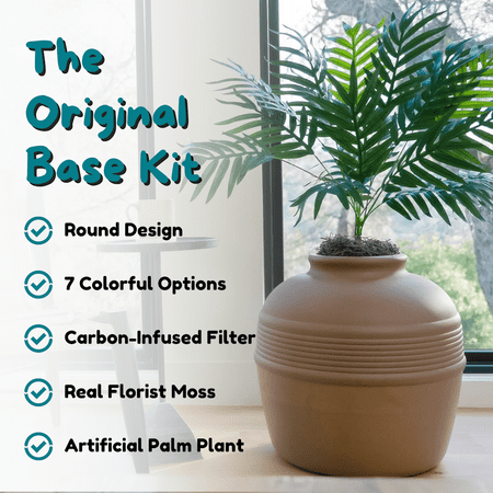 Good Pet Stuff Hidden Cat Litter Box Enclosure with Artificial Plant, Odor Filter System, Original Round Planter, Base Kit, Mocha Brown