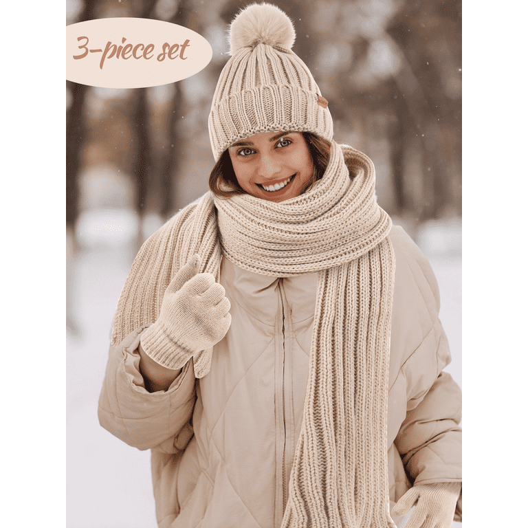 Knitted Fleece Lined Beanie Hat Scarf Touchscreen Gloves Set Winter Set s-l400.jpg main image 2