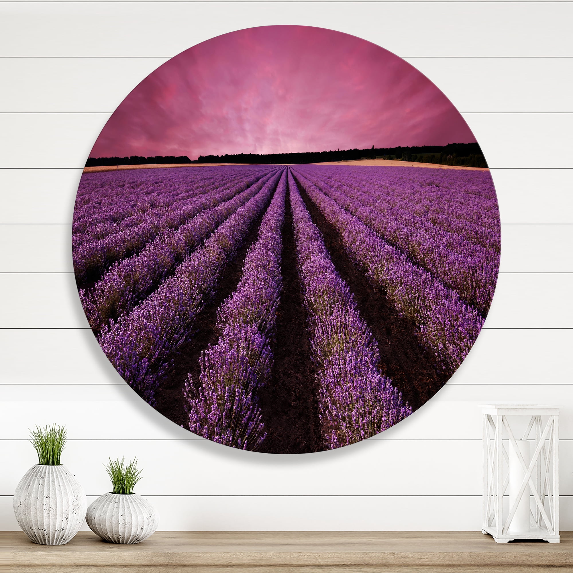 Designart 'Dramatic Clouds and Sunrise Over Lavender Field XI' Farmhouse Circle Metal Wall Art 23x23 - Disc of 23