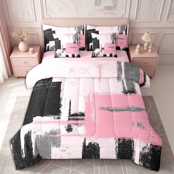 Erosebridal 7 Pieces Oil Painting Bedding Queen Size,Pink and Black Comforter Set,Abstract Artwork Bedding Sets Queen Size,Pink Reversible,Lightweight Geometric Bedroom Decorative