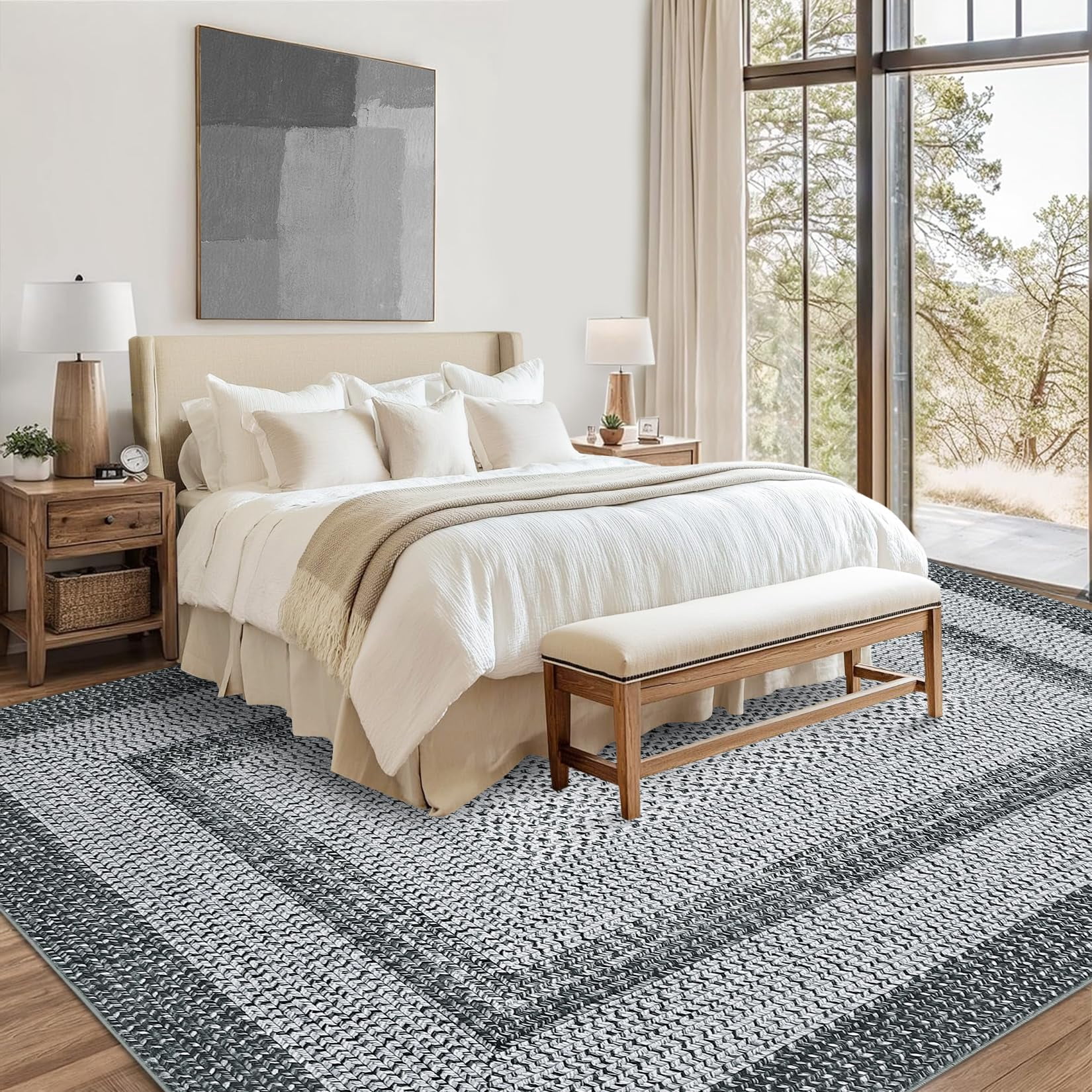Modern Washable Area Rug 10'x13' Vintage Braided Print Non-Slip Low Pile Carpet for Living Room Bedroom Home Office, Gray