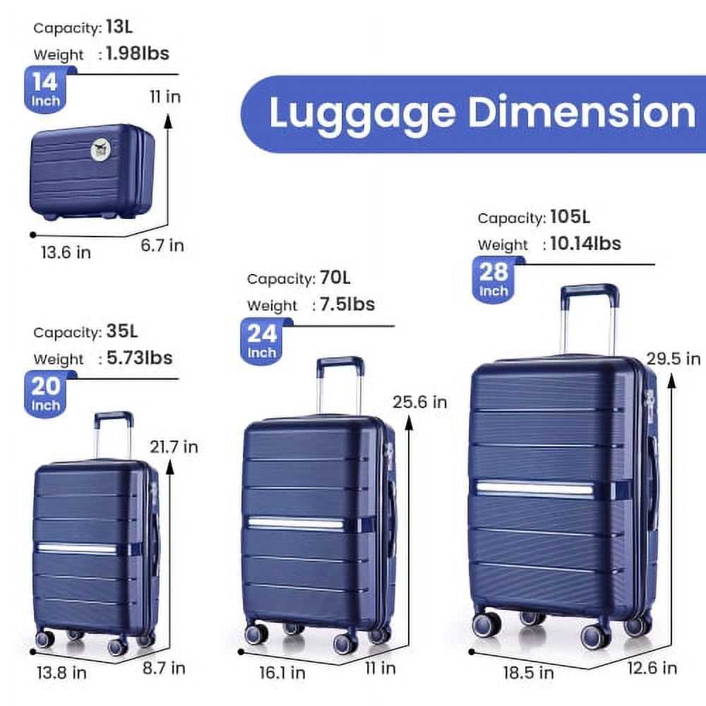 POWANLI 4 Piece Luggage Sets(14"20"24"28"）, PP Hardside Lightweight & Durable suitcase, Expandable, TSA Lock, Spinner Wheels, Airline Approved,(Navy Blue)