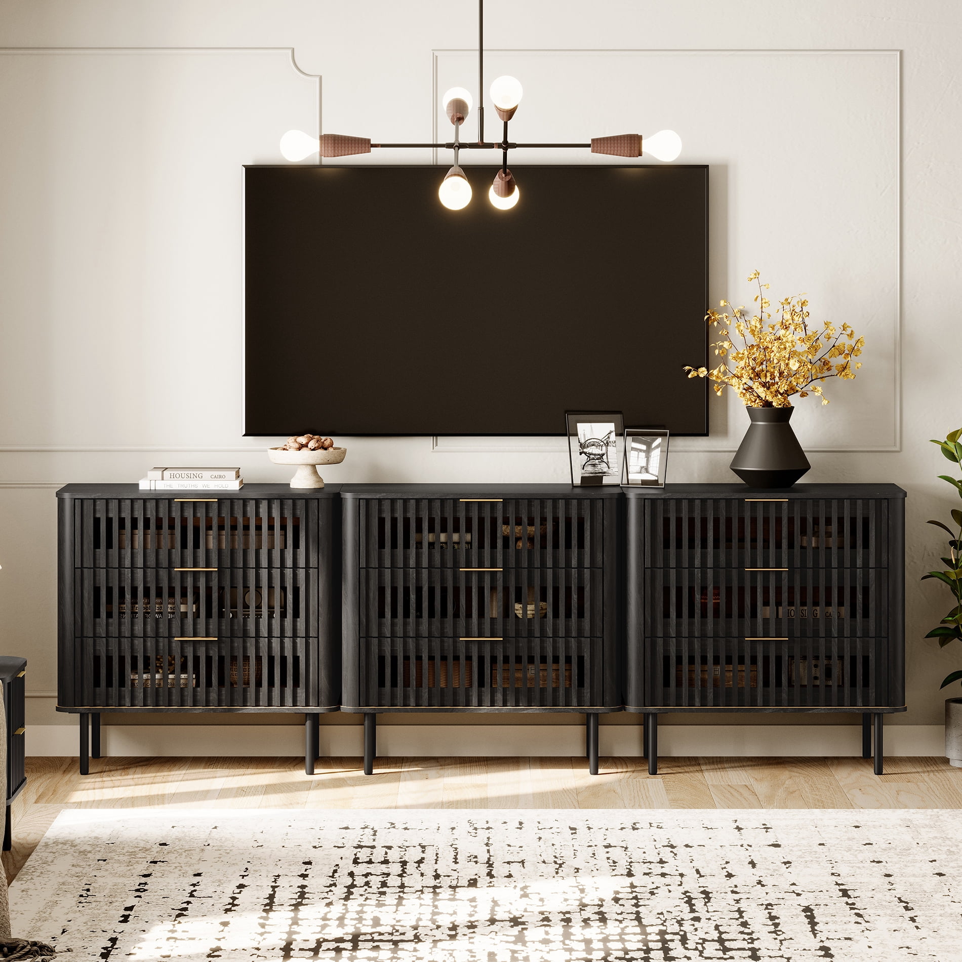 94.5"W Sideboard Buffet Cabinet with Storage, Fluted Kitchen Buffet Storage Cabinet with 9 Drawer, Large Coffee Bar Cabinet, Modern Buffet Table for Dining Living Room, Black
