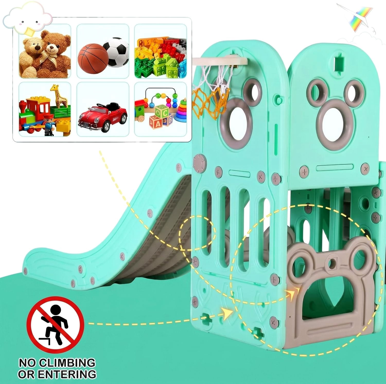 LAZY BUDDY Kids Slide and Swing Set, Toddler Swing Set with Basketball Hoop, Storage Space, Outdoor Indoor Playground for Toddlers 2+