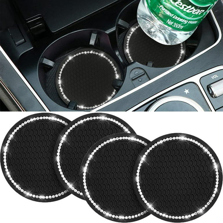 OBOSOE 4 Packs Car Cup Holder Coasters, 2.75 inch Soft Crystal Rhinestone Rubber Pad Set Round Auto Cup Holder Insert Drink Coaster Car Interior