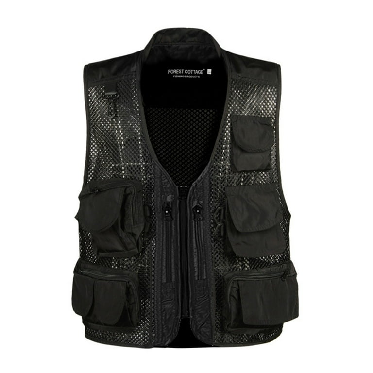 Wrcnote Men Sleeveless Camouflage Print Outdoor Vest Fishing Removable  Cargo Jacket With Multiple Pockets Utility Vests Black-Zip 2XL 