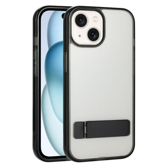 For Apple iPhone 15 / iPhone 14 / iPhone 13 6.1 inch Transparent Crystal Building Kickstand Shockproof Protective Hybrid Case Cover Black