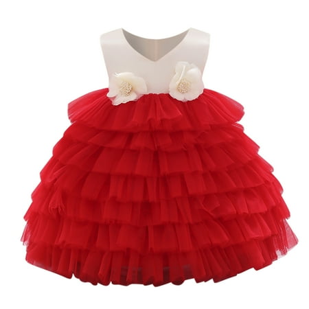 

Kukoosong Toddler Baby Girls Dress Ruffled Princess Bridesmaid Pageant Gown Birthday Party Wedding Dress Red 90