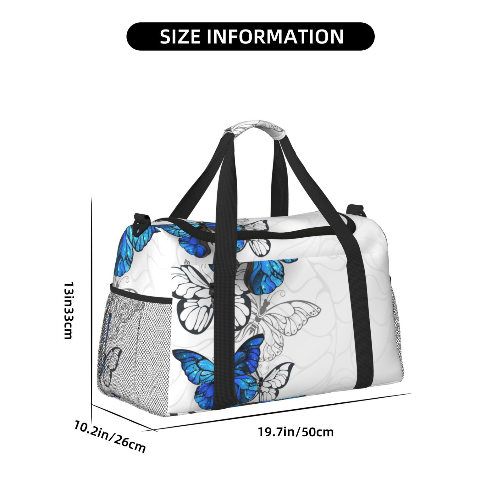Defioc Blue Flying Butterflies Print Hand Travel Bag - Foldable Travel Duffel Bags for Men Women -Sport Gym Bag - Overnight Travel Duffel Bag - Adjustable Shoulder Strap