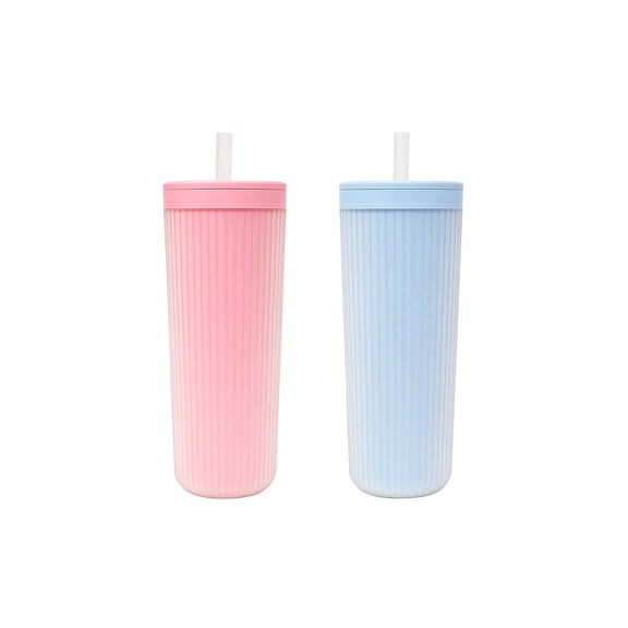 Mesa Cold Double Wall Travel Tumbler w/ Straw - Pink & Green - 24 oz - Set of 2