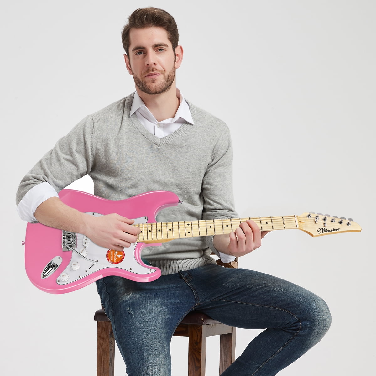 39 Inch Electric Guitar, Full Size Solid Body S-S-S Pickups 6 Strings Beginner Guitar Kit With Gig Bag, Strap, Tremolo Arm, Cable & Picks MS100 -Pink
