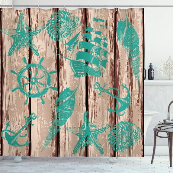 Ambesonne Nautical Shower Curtain, Shell Helm and Ship, 69"Wx75"L, Turquoise and Brown