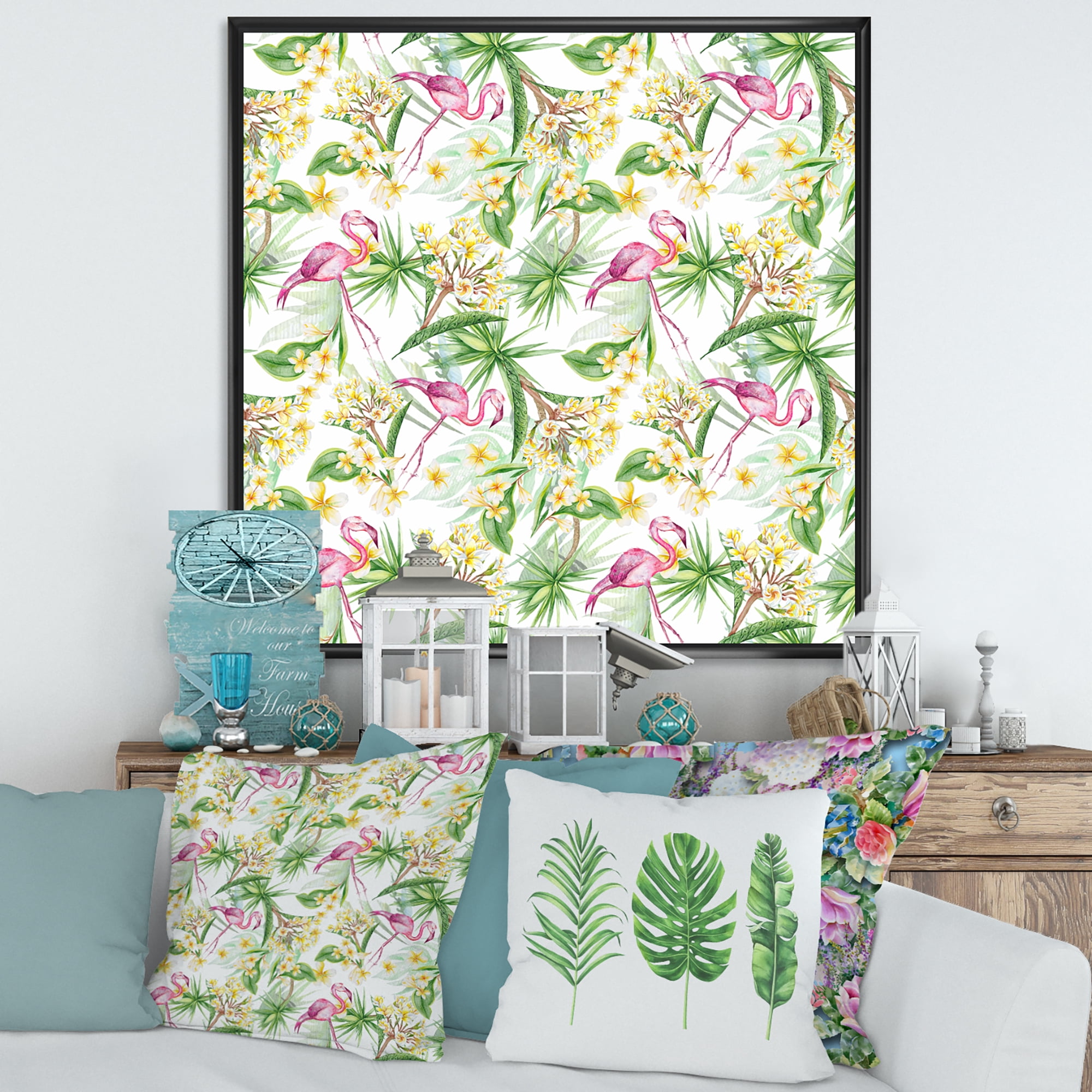 Designart 'Yellow Flowers, Tropical Foliage With Flamingo IV' Modern Framed Canvas Wall Art Print
