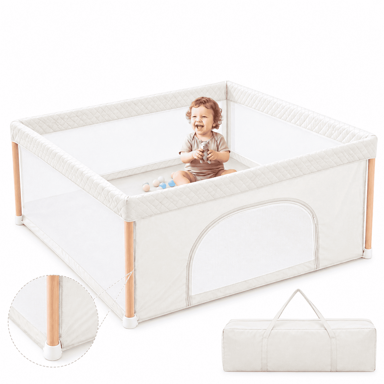 PRVAETU 59"x59"x27" One Step Foldable Baby Playpen for Newborn and Toddlers, Portable Folding Play Yard with Storage Bag for Babies Boys Girls,White