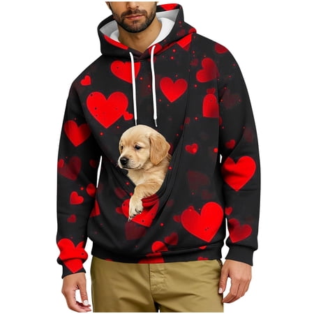 Lcziwo Pet Pocket Hoodie Men Valentine s Day Cat Dog Pouch Sweatshirt Unisex Casual Loose Heart Print Pullover Fall Fashion Clothes Wine S