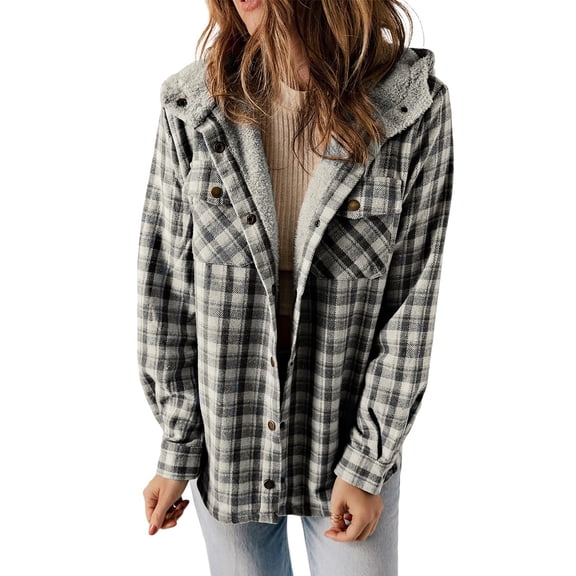 Tiqkatyck Womens Clothes Clearance Women's Plaid Fashion Casual Long Sleeve Pocket Button Plush Hooded Coat Womens Tops Grey L