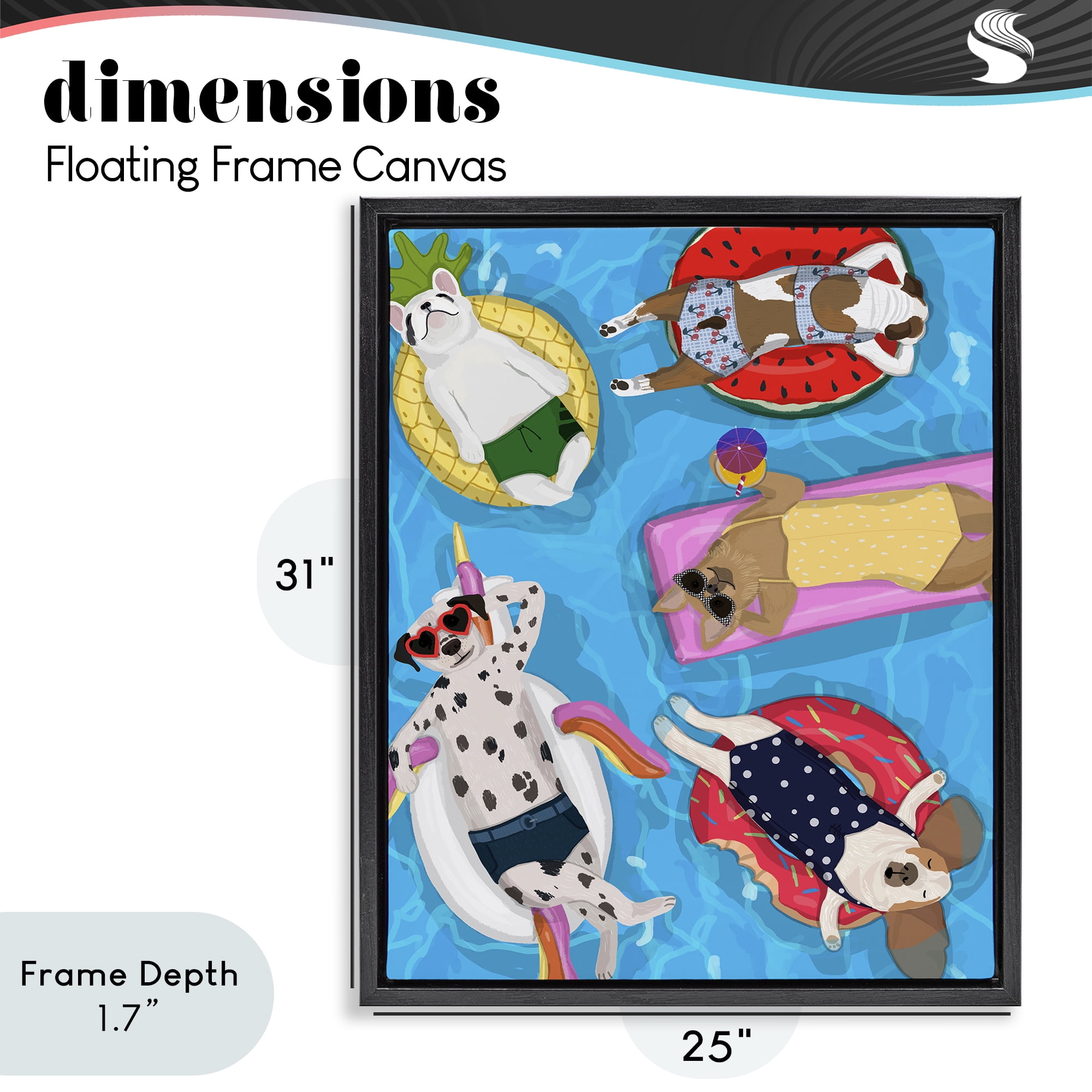 Stupell Industries Summer Sunbathing Dogs Black Framed Floater Canvas Wall Art, design by Hanna Melin