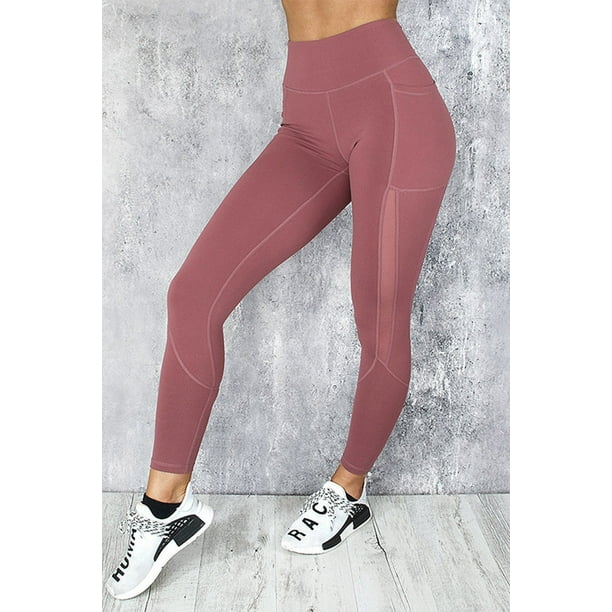 Women's Pink Mesh Side Splicing High Waist Yoga Sports Leggings with Phone  Pocket