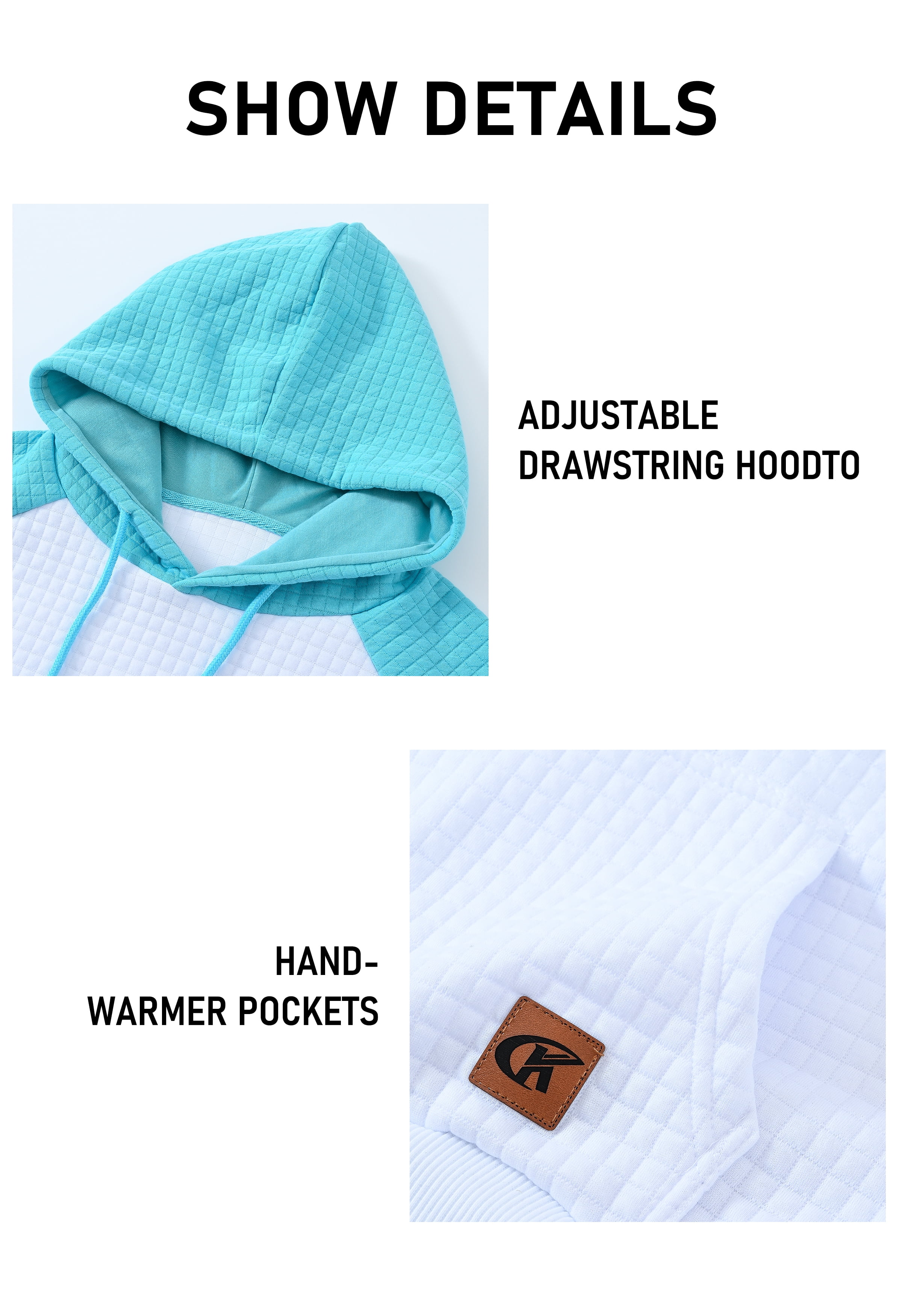 Satankud Men's Pullover Hoodies Plaid Jacquard Color Block Long Sleeve Casual Hooded Sweatshirts with Kanga Pockets White/Sky Blue L