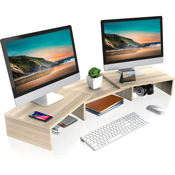 FITUEYES Support pour double écran avec étagère pivotante réglable en bois  pour ordinateur portable et bureau pour la maison et l'école, chêne 
