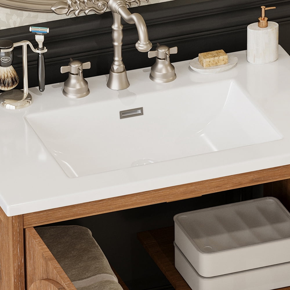 YINGYING 31" Vintage Bathroom Vanity with Ceramic Sink, Freestanding Bathroom Cabinet with Bronze Pulls and Tempered Glass