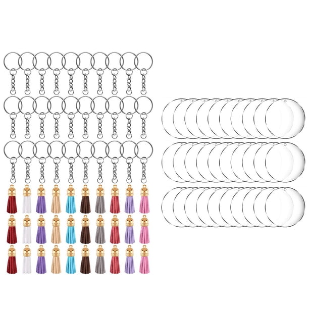 Billuyoard Juego de llaveros de discos circulares transparentes acrílicos de 90 Uds., llavero de acrílico, colgante de borla de cuero en blanco, Artesanía Billuyoard HA004467-00