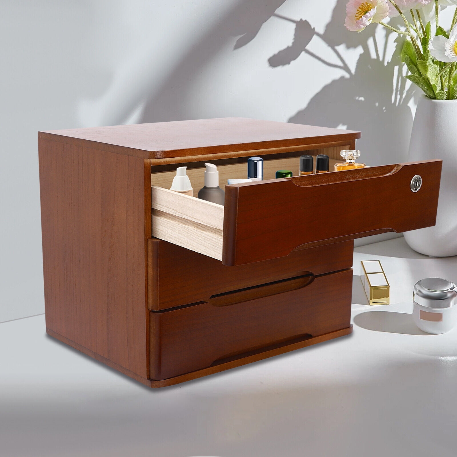 3-Tier Walnut File Cabinet Organizer Desktop Storage Box with Lockable 3 Drawers