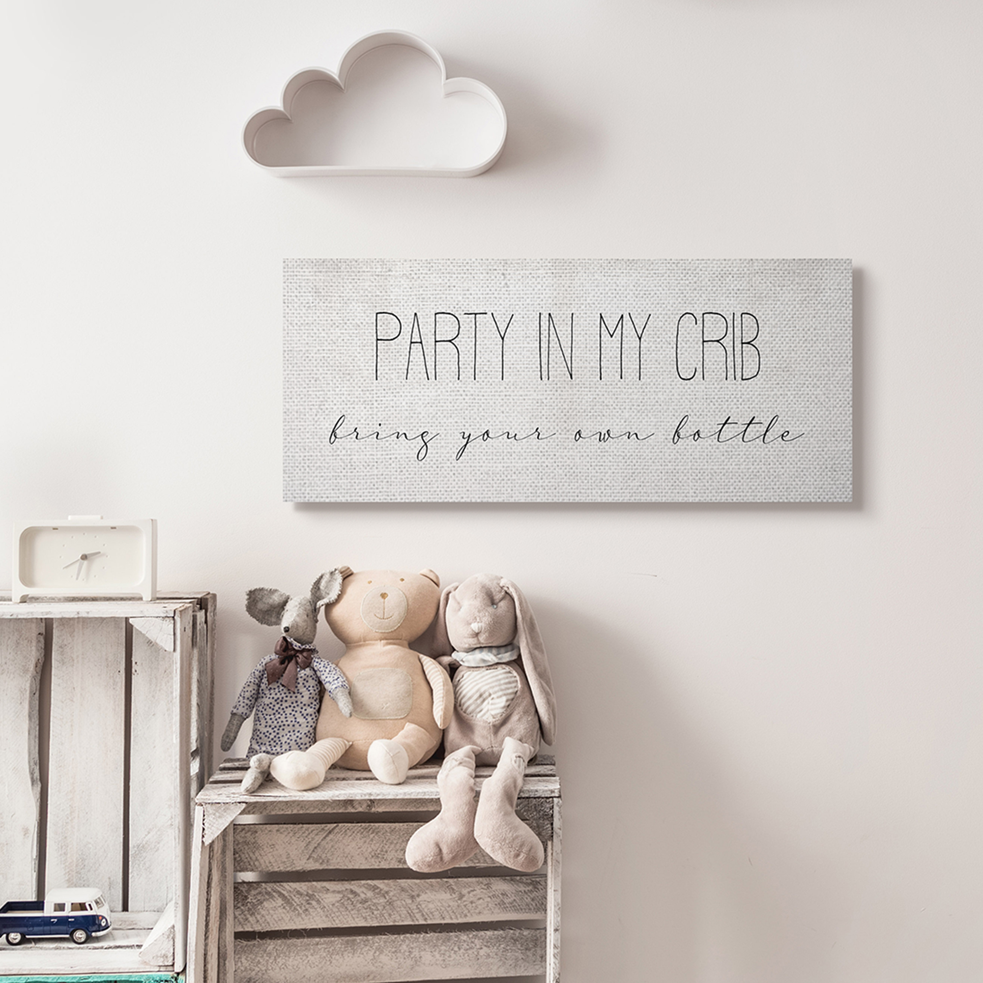 Stupell Industries Party in Crib Quote BYOB Baby Bottle Humor Canvas Wall Art, 13 x 30, Design by Daphne Polselli