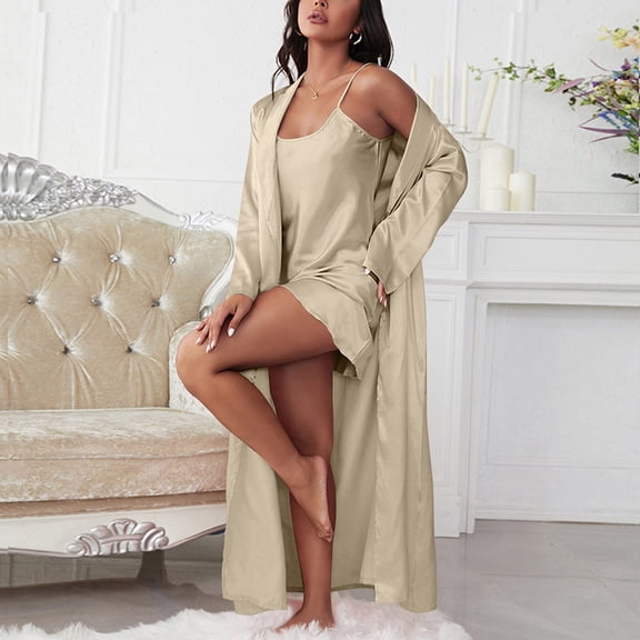 YMNXA Women's Pajama Set Long Sleeve Solid Color Robe And Suspenders Nightdress Fashion Soft Loungewear For Daily Wear Beige L