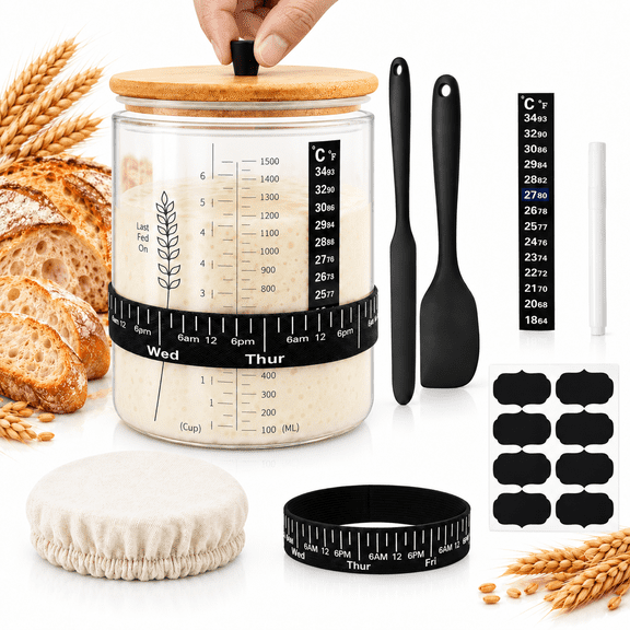 Sourdough Starter Jar Kit, 50oz Large Wide Mouth Bread Starter Kit,9 in 1 Sourdough Starter Kit Borosilicate Glass Container with Lid,Sourdough Bread Baking Supplies