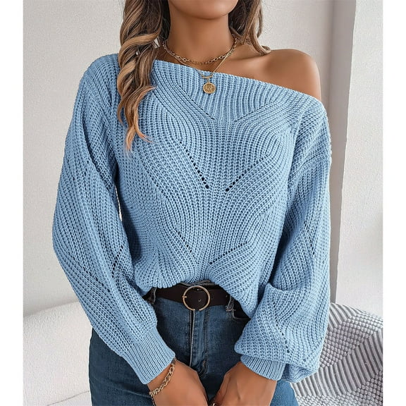 Blue Hoodies for Women's Solid Color Casual Cut Out One Line Neck Off Shoulder Long Sleeve Pullover Sweater Fall Tops for Women 2025