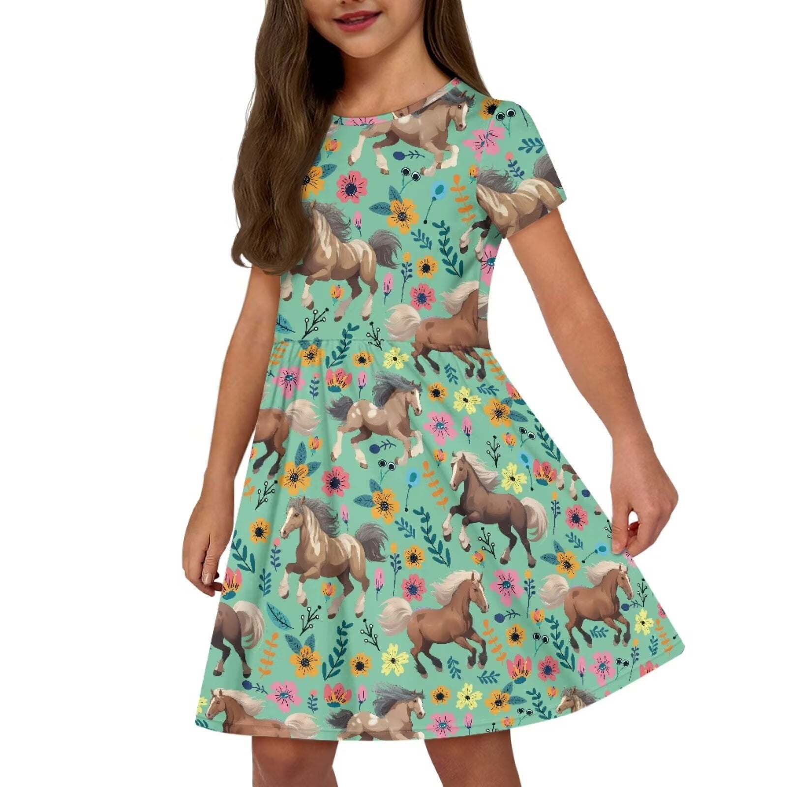 Uourmeti Horse Kids Dresses for Girls 2-14Y Summer Short Sleeve Crewneck Midi Dress Flowers Casual Loose Swing Dresses with Pockets