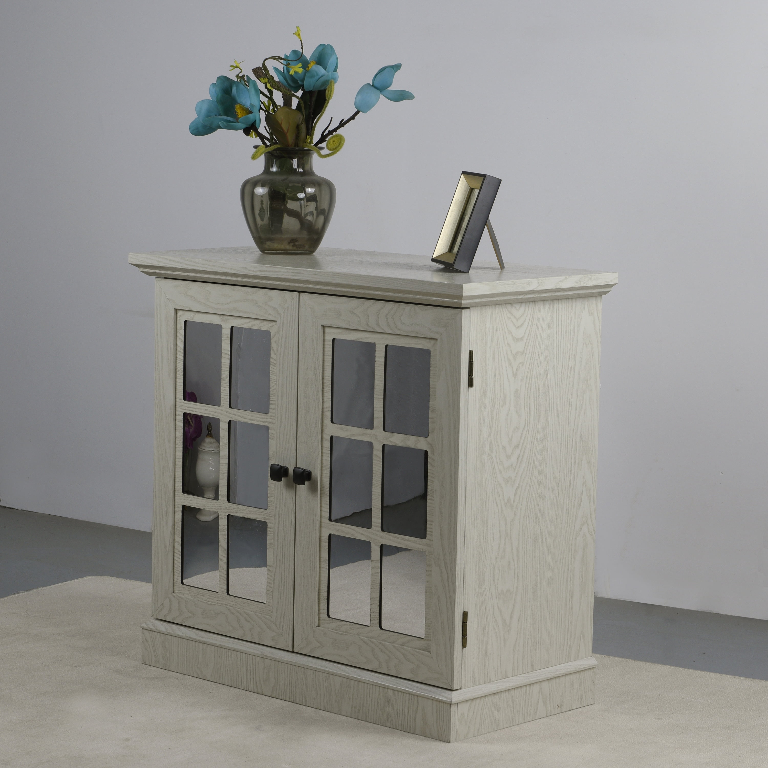 Accent Cabinet, Mirrored Sideboard&nbsp;Storage with Decorative Doors, Anti-Tip Strings, White MDF 3D Wood Grain, 30.75 Inch W