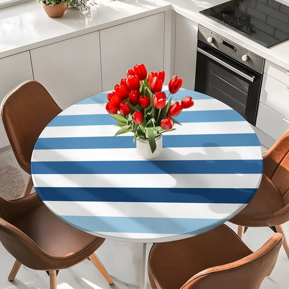 Navy Blue Ombre Stripe Elastic Fitted Round Tablecloth Ocean Waterproof Outdoor Table Cover for Holiday Party, Picnic, Patio & Dining Fits Tables Up to 36"-44"