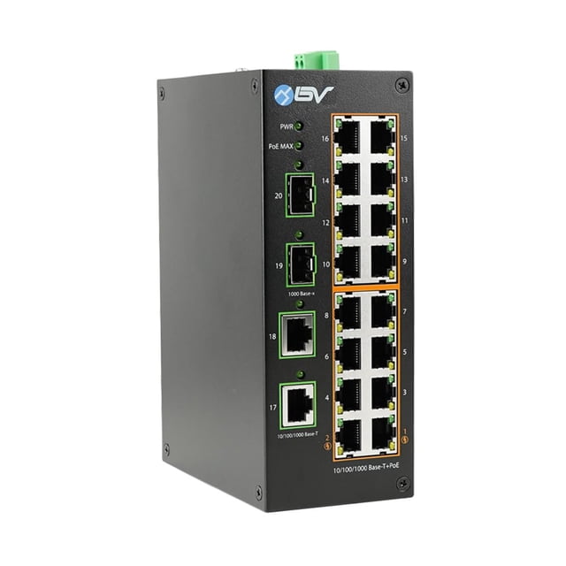 Conmutador Ethernet PoE industrial con riel DIN BV-Tech de 16 puertos