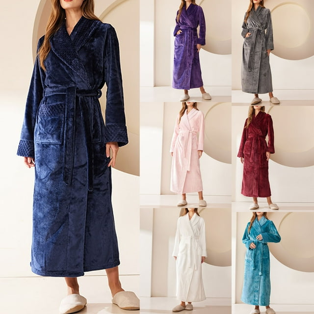 FAIWAD Women's Flannel Thickened Nightgown Soft Warm Fuzzy Fleece Robe Solid Color Bathrobe Loungewear with Pockets