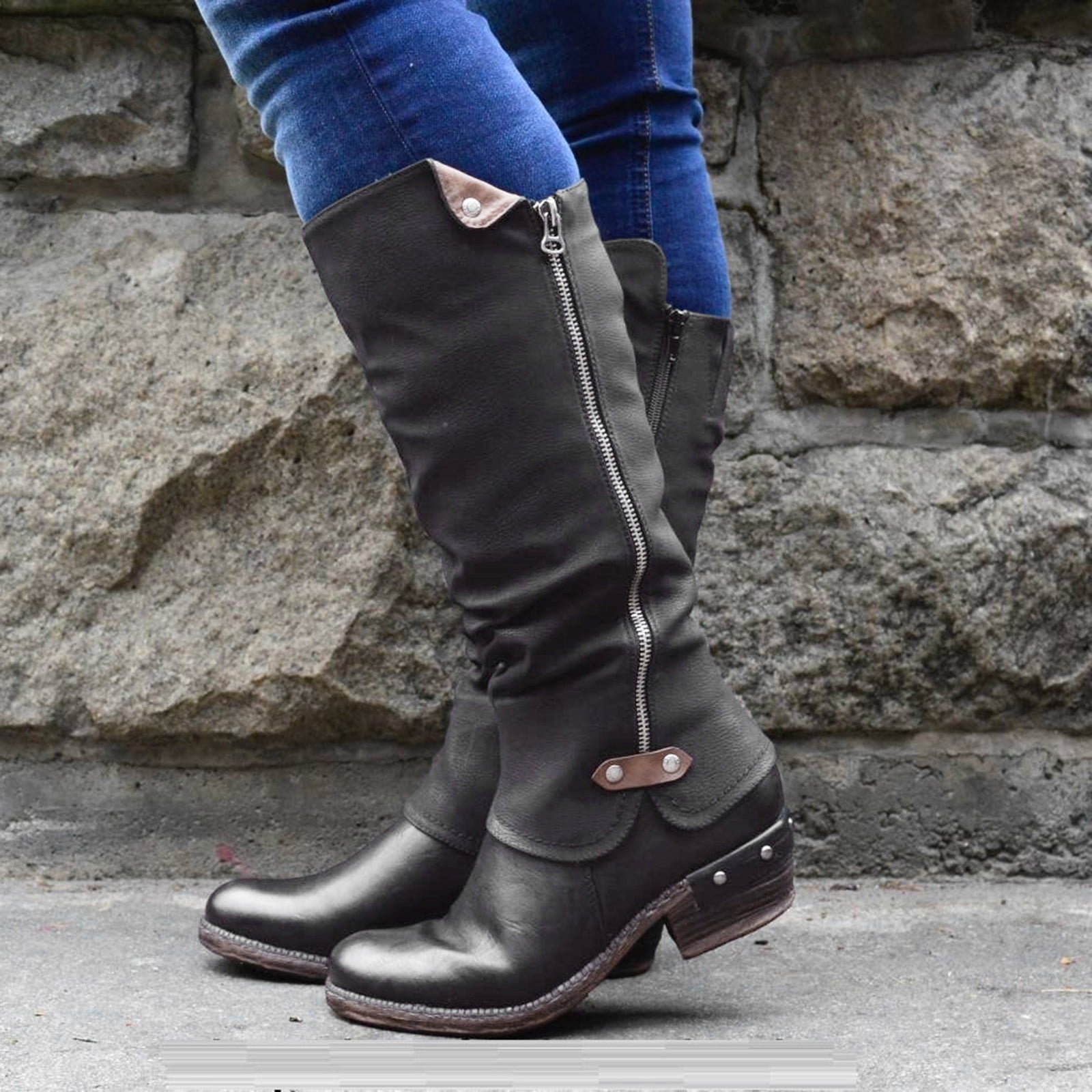 Women's Knee High Soft PU Leather Boots Shoes Low Cuban Heel Pull On Buckle New 