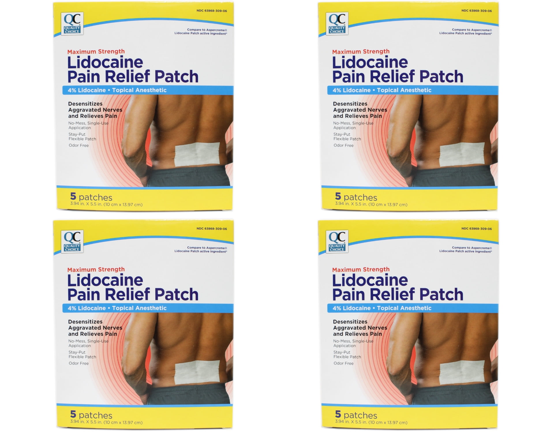 Quality Choice Maximum Strength Lidocaine Pain Relief Patch 4% Lidocaine 5 Patches 3.94x5.5 inches Pack of 4