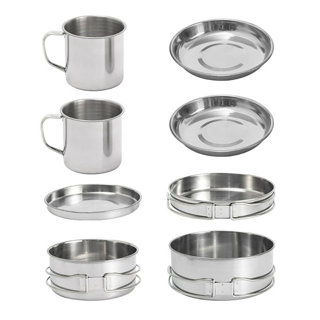 8 Pcs Kit de Cuisine de Camping en Acier Inoxydable Léger avec Tasses Assiette Casserole Plats Poêle pour Camping Randonnée Cuisine Extérieure Pique-Nique