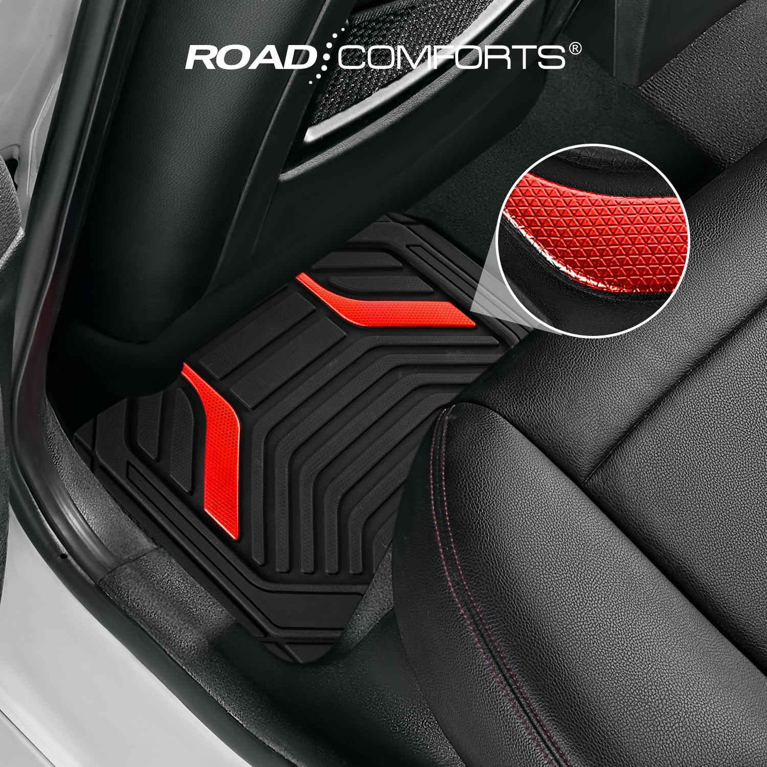 Road Comforts Heavy Duty Rubber Floor Mats Red Aluminum Film Car Mats Set, Front and Rear Car Mats