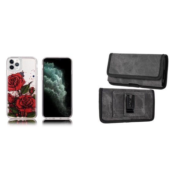 Liquid Glitter Case for iPhone 14 Pro Max and Belt Holster Pouch (Red Rose/Gray)