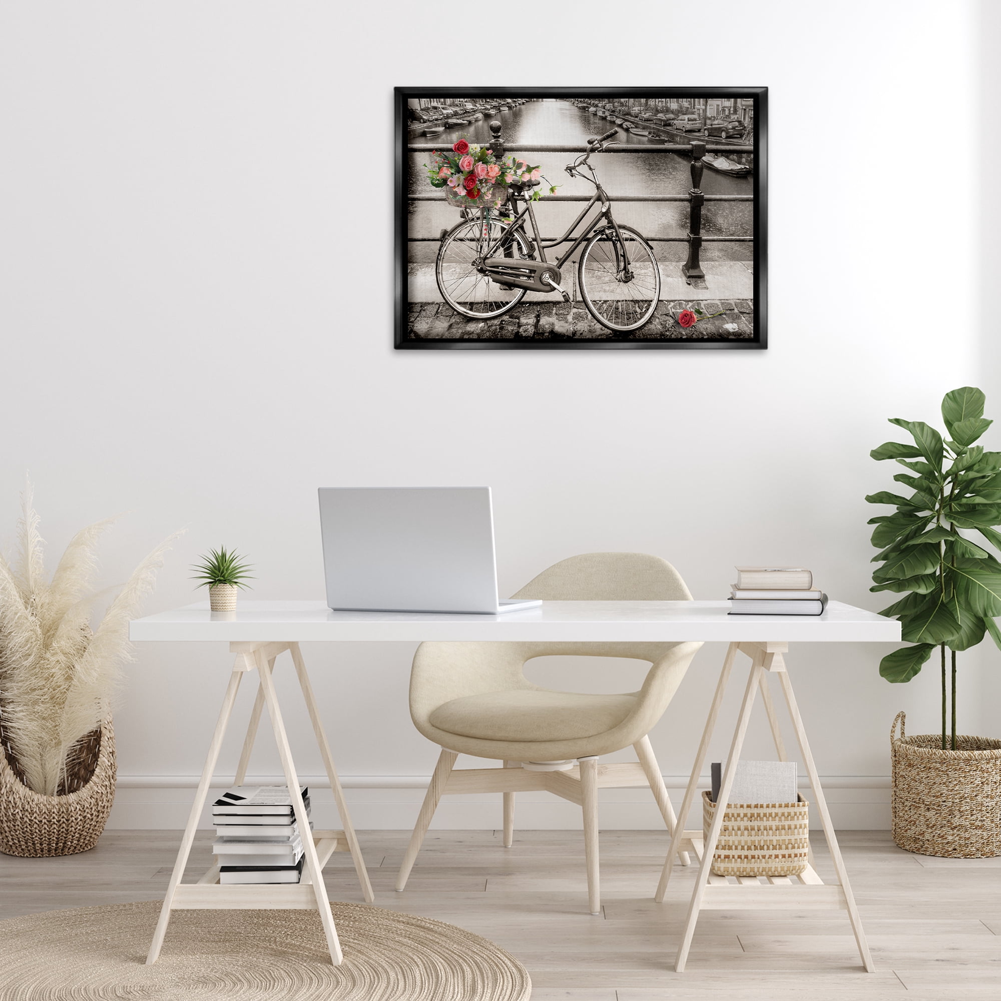 Stupell Industries Rose Filled Bike over Canal Transportation Painting Black Floater Framed Canvas Art Print Wall Art, 31 x 21