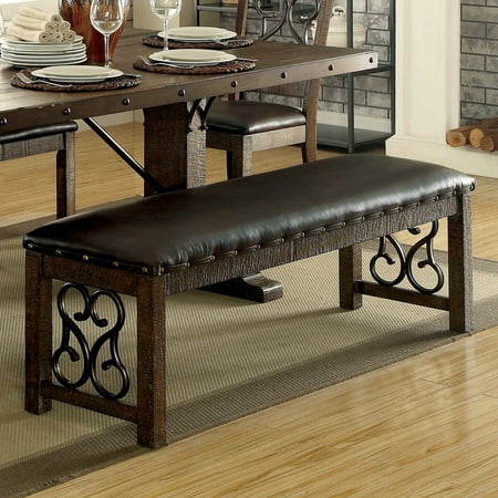- Furniture of America Chester Traditional Scrolled Metal Leatherette Rustic Walnut Dining Bench - 56