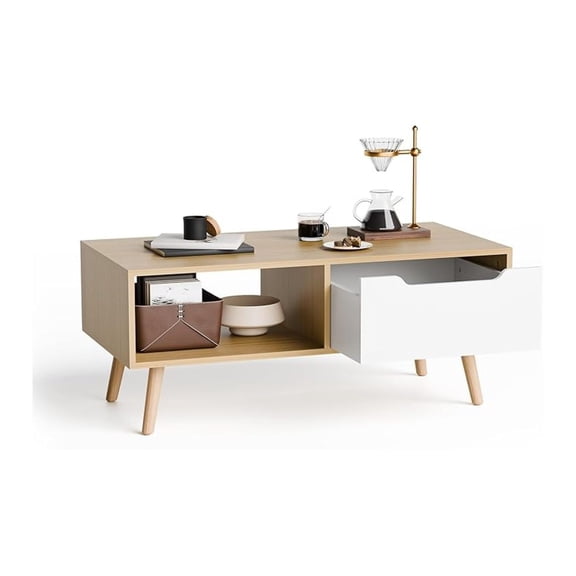 Beran7 Modern Wooden Coffee Table with Storage, Minimalist Hallway Mid Century Cocktail Table for Living Room Apartment Reception, Oak