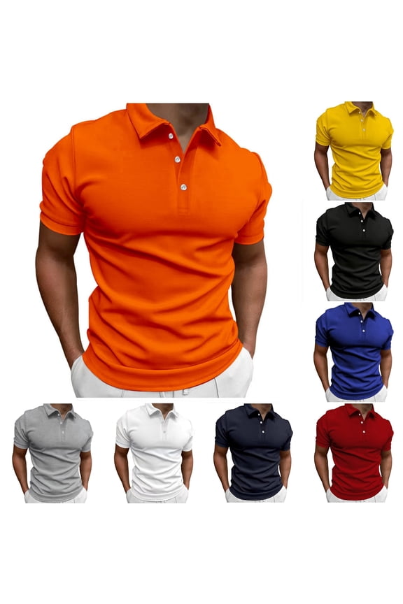 Mens Shirts Short Sleeve Polo Lapel Mens Shirts Casual Solid Color Pull-On Regular Shirts,Orange XL