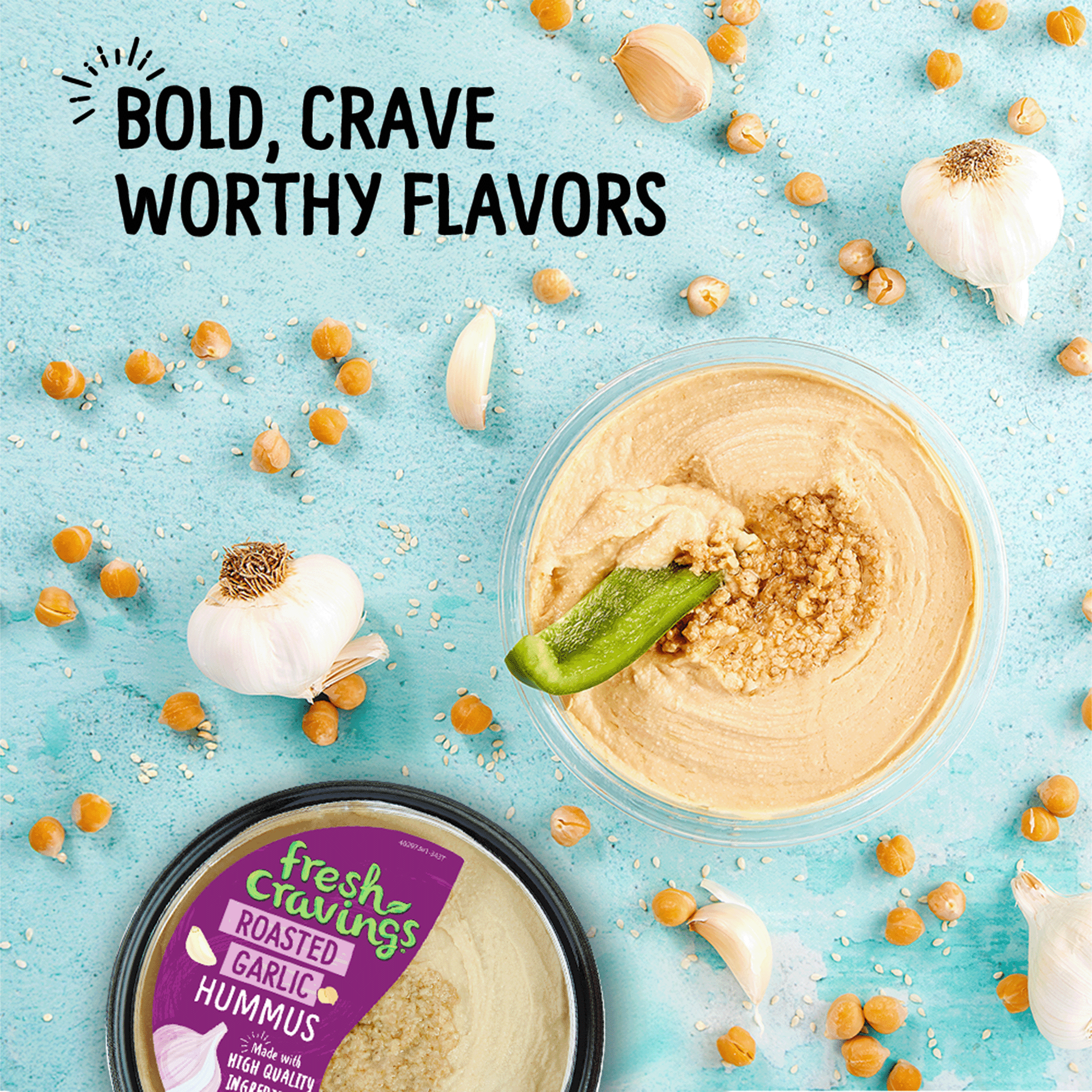 Fresh Cravings Roasted Garlic Hummus Dip, 10 oz. Plastic Tub, Gluten-Free, 2 Tbsp (32g), Contains: Sesame