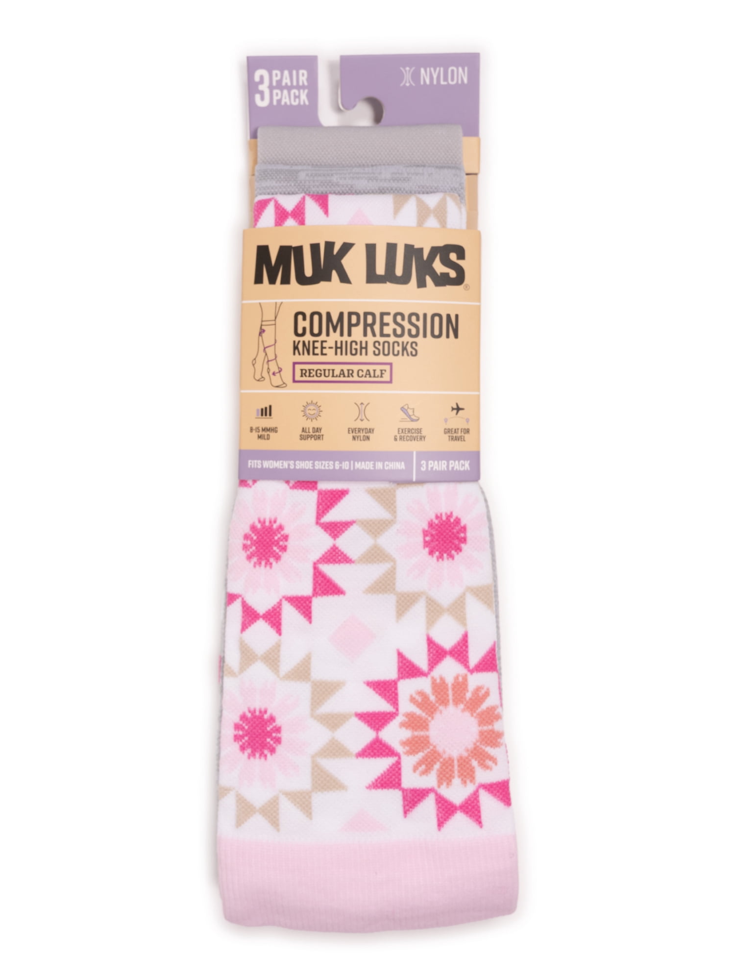 MUK LUKS Women's Wide Width Compression Nylon Knee-High Socks, 3-Pack, Shoe Size 6-10