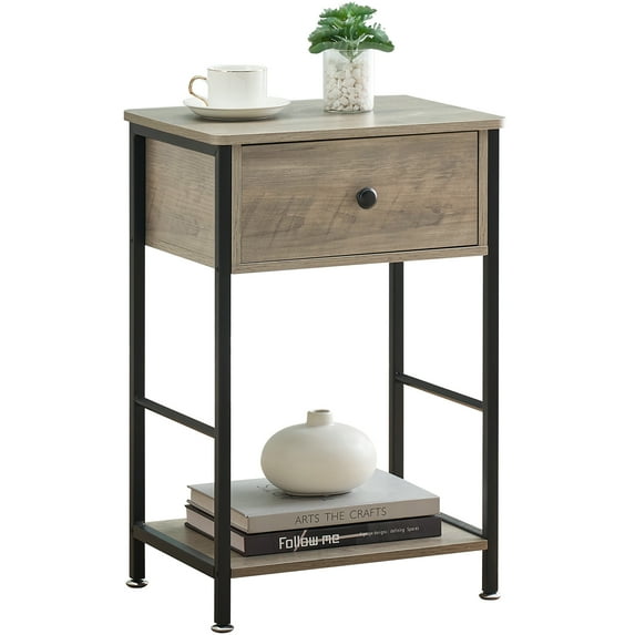 Wood Nightstand Side Table with Drawer and Shelf, Rectangular Beside Table End Table